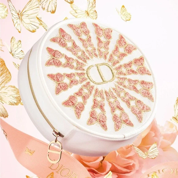 Dior Cream Round Cosmetic Pouch with Pink & Gold Butterfly Embroidery - Picture 9 of 10